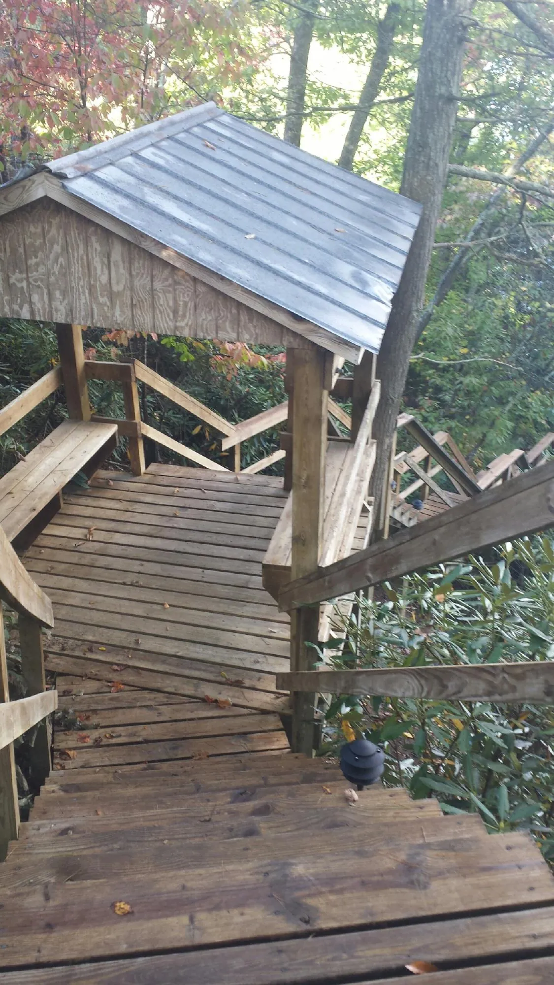 Metal roofed shelter over wooden steps on a wooded walkway in Pleasant View